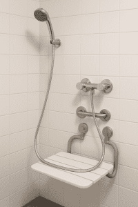 Handheld shower with 1.8 m hose and controls mounted under 1100 mm, reachable from a fold-down seat.